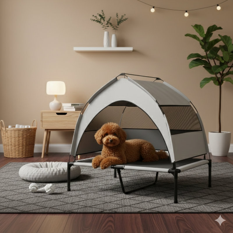 Lit de repos portatif surélevé pour animaux de compagnie, comprenant un coussin.