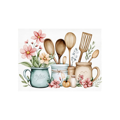 Outils de cuisine et fleurs pastel, sans cadre, art mural, l 36 po x L 24 po