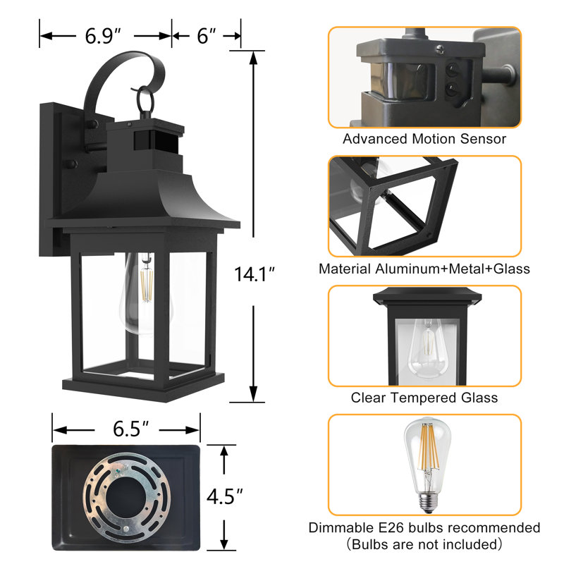 14"H Black Bronze Tempered Glass Outdoor Wall Lantern with Dusk to Dawn and Motion Sensor, Matte Black