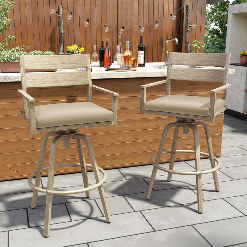 Tabourets de bar pivotants en aluminium avec coussin Sunbrella, Toile beige antique