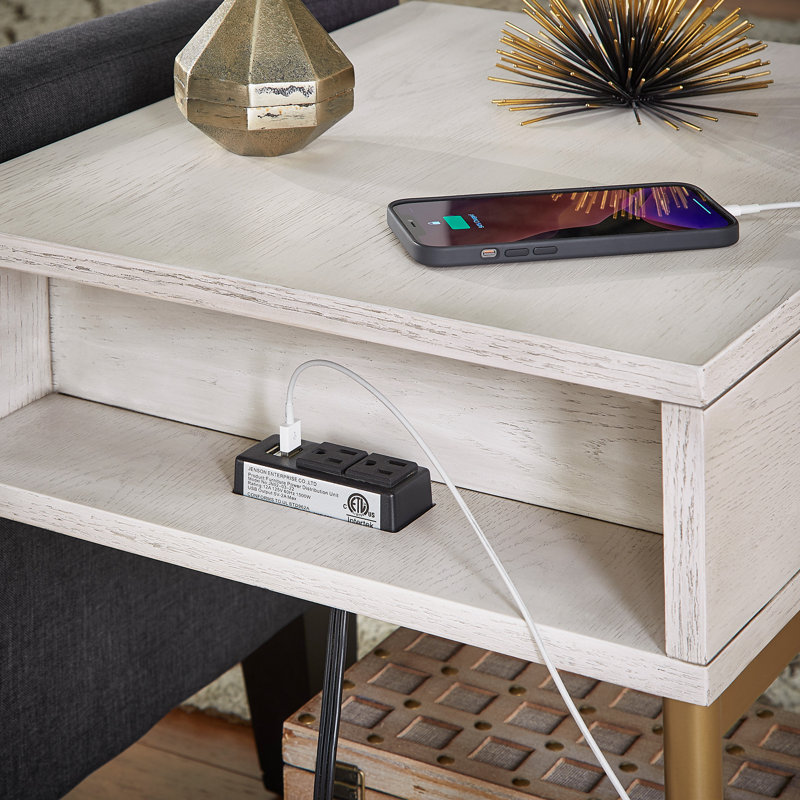 Table de bout rectangulaire à deux tons Cates avec port USB, Or, Blanc