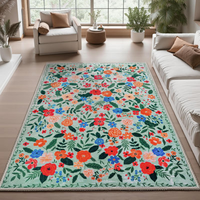 Tapis lavable antidérapant de 5 pi x 7 pi avec revers en caoutchouc et grand tapis floral Boho pour chambre d'enfant