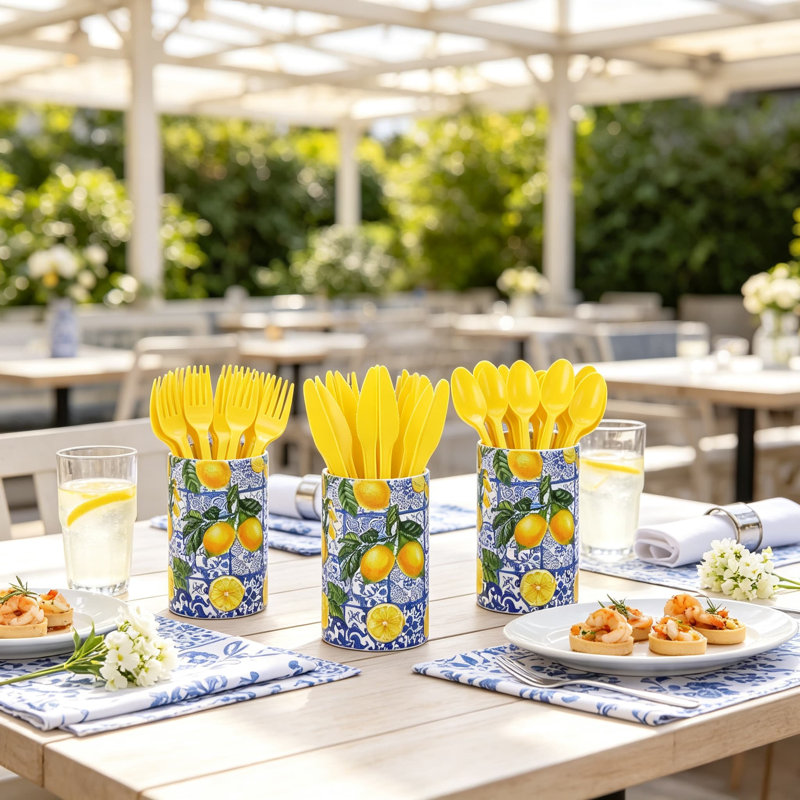 Porte-ustensiles de style méditerranéen à carreaux bleu citron et couverts jaunes jetables pour les décorations de fêtes d'été et les centres de table de mariage