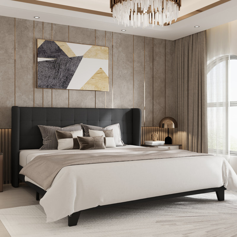 Upholstered Bed with Square Tufting and Wingback, Dark Gray, King