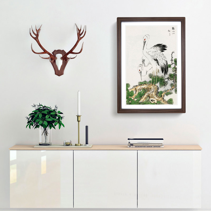 Two Japanese Storks by Numata Kashu - Picture Frame Painting Print, 48cm H x 36cm W x 2cm D, Walnut Framed