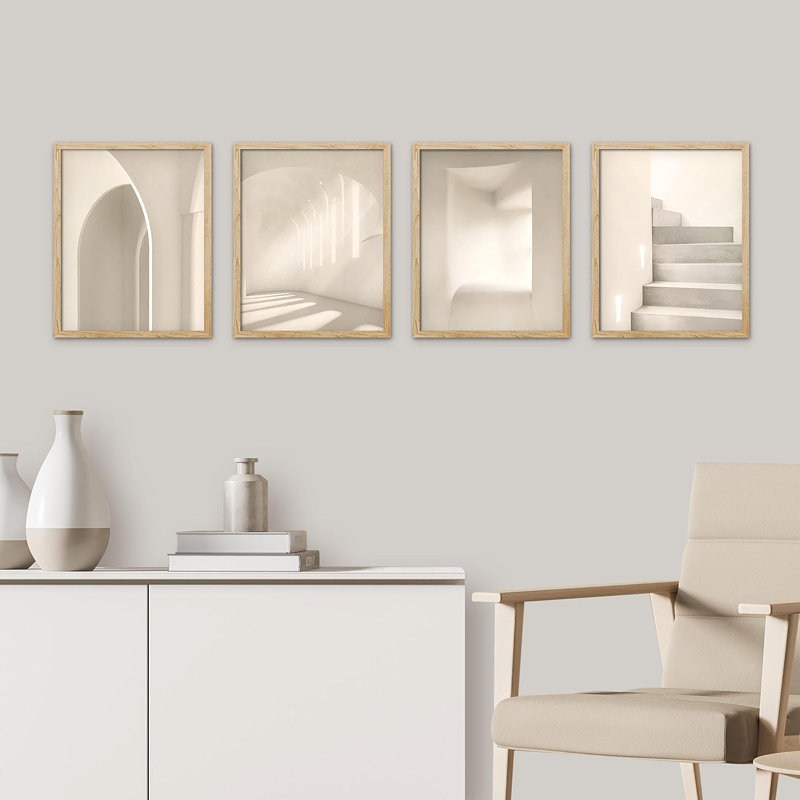Mid-Century neutre, impression encadrée 4 pièces, H 16 po x l 12 po x P 1 po, Encadré naturel