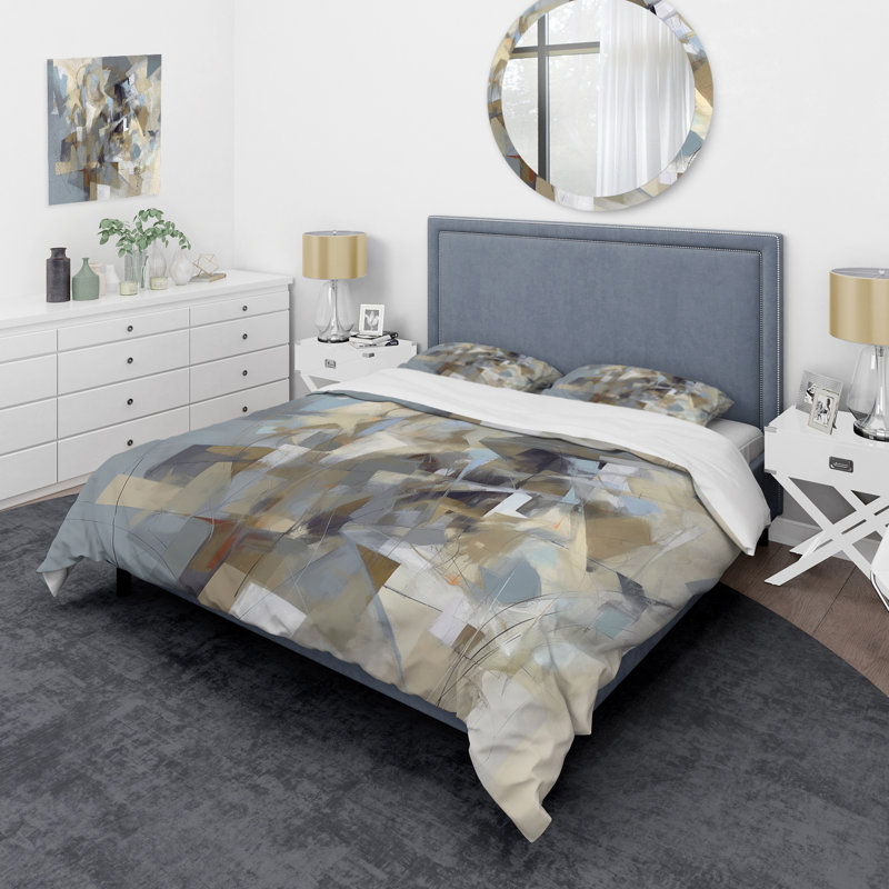 Ensemble de housse de couette en microfibre / polyester Beige et gris, Housse de couette pour grand lit et 2 taies décor