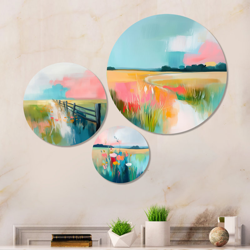 «Pink and Blue Summer Farm land - Landscape», reproduction d'art sur métal, ensemble de 3
