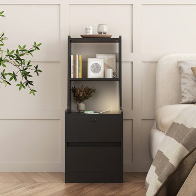 Smart Modern Nightstand With Charging Station, Night Light & Bookshelf - Black Storage Cabinet Bedside Table