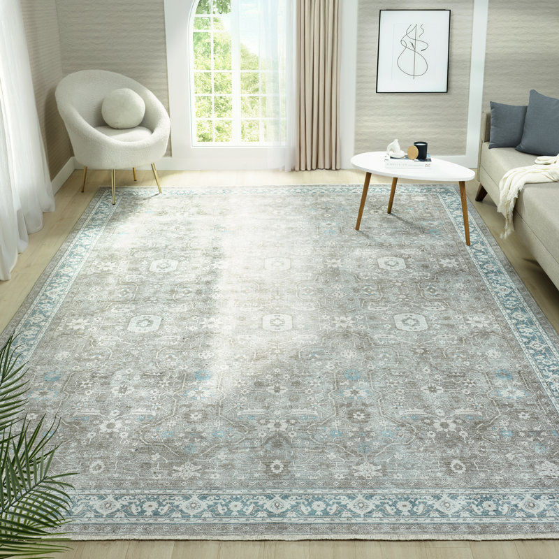 Aldora Harbor Teal Border Power-Loomed Cotton Area Rug, Rectangle 7'6" x 9'6"