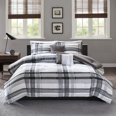 Twin/Twin Xl Bedding - Plaid Comforter In Black And Grey With Fill For Decorative Pillows Cover