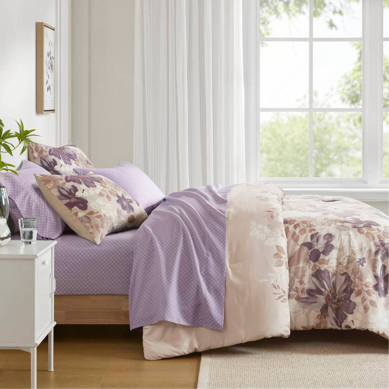 Ensemble d'édredon floral avec draps Taupe, King Comforter + 6 Additional Pieces, Motif floral taupe