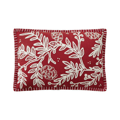 Red Folk Branch Embroidered Holiday Throw Pillow