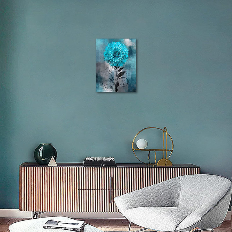 Abstract Flowers Wall Art Teal Flower Canvas Pictures Rustic Blossom Canvas Painting For Bedroom Bathroom Wall Decor Modern Teal Grey Canvas Prints Contemporary Botanical Wall Art 12" X 16"