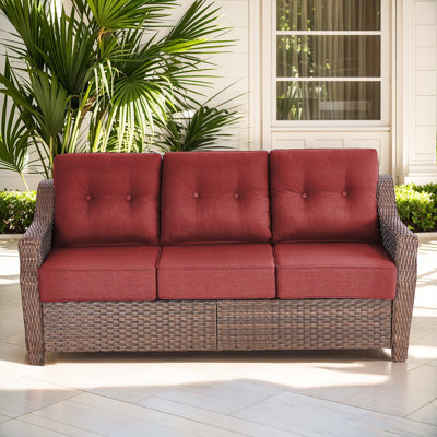 75'' Wide Wicker Outdoor Sofa With Patio Cushions
