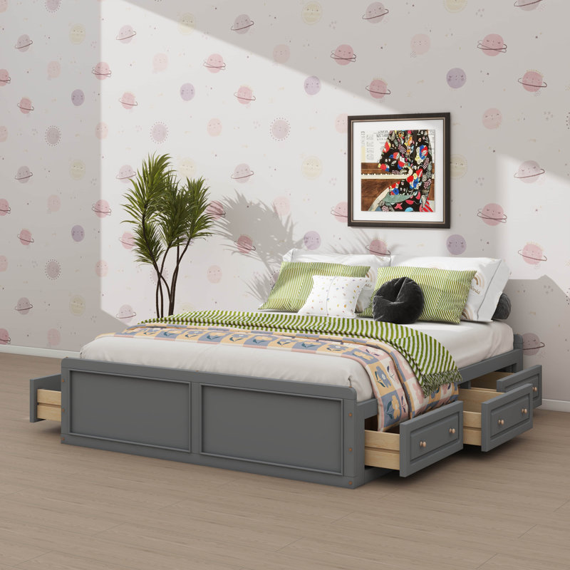 Base de lit plateforme en bois pour grand lit comprenant six tiroirs, Gris