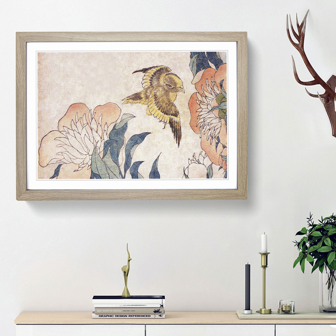 Peony Flower & Canary by Katsushika Hokusai - Picture Frame Painting Print