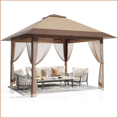 Tente de jardin escamotable 13X13, auvent extérieur avec moustiquaire, [Hauteur réglable et spacieuse] Tente escamotable avec double toit, pavillon de jardin extérieur résistant aux rayons UV pour la cour, le patio, la pelouse, le jardin, la terrasse 