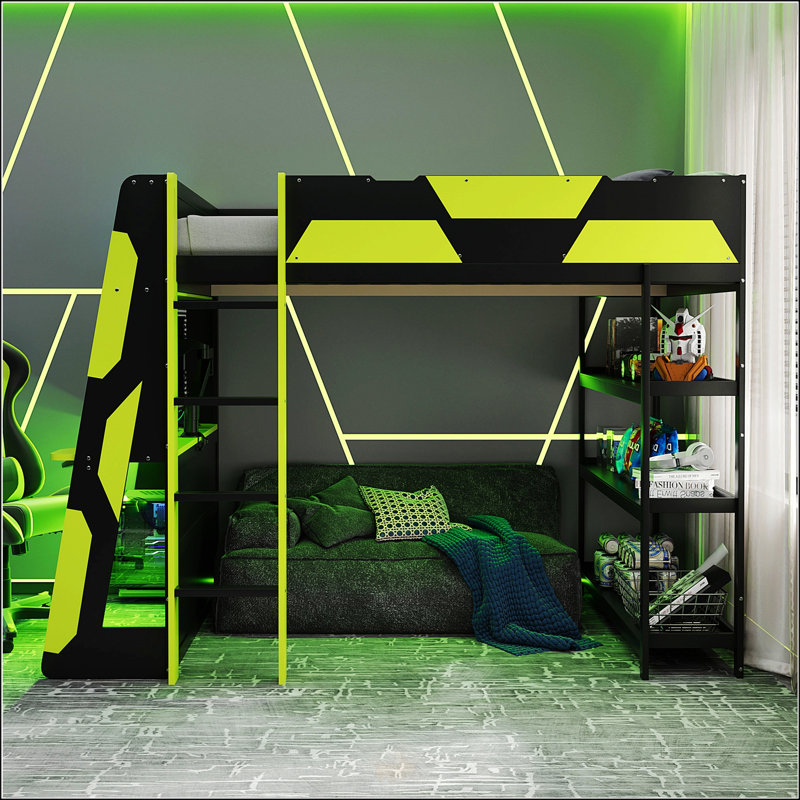 Lit mezzanine double avec bureau intégré, tablettes et lumières DEL pour jouer et étudier, Noir/vert