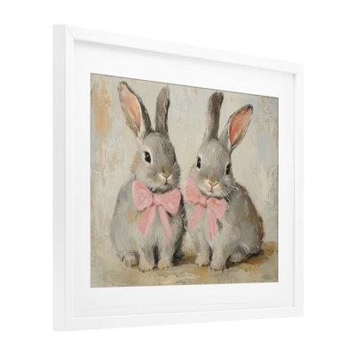 Bunnies in Pink Bows Framed Print Under Glass, design by Petal Prints Design