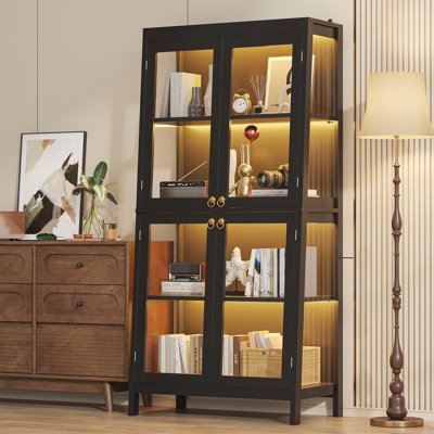 Vitrine en verre avec lumières DEL, éclairage 7 couleurs et 4 tablettes, noir