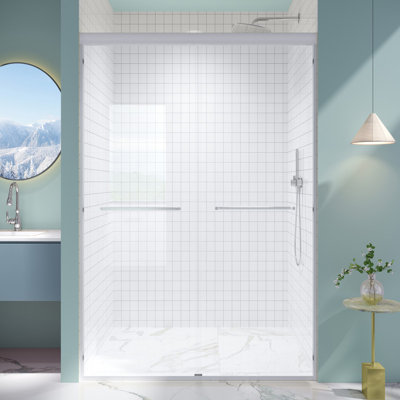 Porte coulissante double 44 po x 48 po x H 72 po avec porte coulissante pour salle de bain avec verre trempé 1/4 po (6 mm) et film antidéflagrant, installation réversible pour douche à l'italienne, blanc