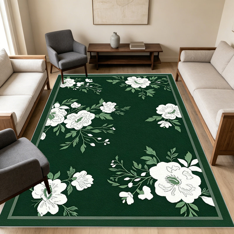 Dark Green White Floral carpet-easy to clean, machine-washable, soft and comfortable; suitable for door mats, kitchens, living rooms, bedrooms, corridors, and laundry areas. Easy to clean, durable carpet for home decoration.