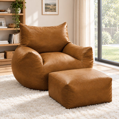 Oversized Bean Bag Chair with Ottoman, Upholstered Lounge Chair with Wide Armrests and Supportive Backrest, Cozy Tech Fabric Accent Chair for Living Room, Bedroom