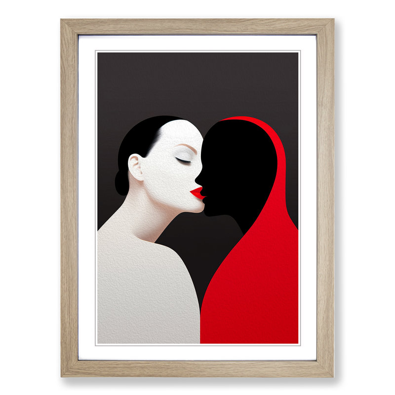 Two Women In Love Minimalism No.2 - Single Picture Frame Print on Wood, 34cm H x 25cm W x 2cm D, Oak