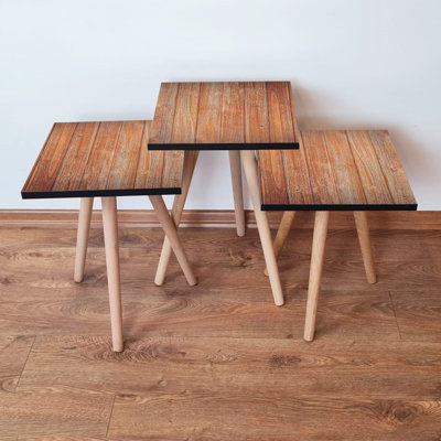 Modern Nesting Table Set (3 Pieces), Scandinavian Design, Brown | 100% MDF with Beech Wood Legs | Large Table: 13.8 x 20.5 x 13.8 in, Medium: 13.8 x 1