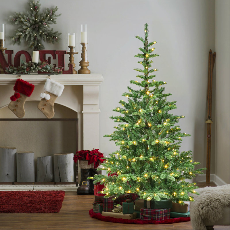 Arbre de Noël illuminé 7 pi avec 400 lumières DEL blanc chaud, 941 pointes PE + PVC, aspect réaliste en couches, base en bois unique - arbre de Noël artificiel complet pour la décoration intérieure