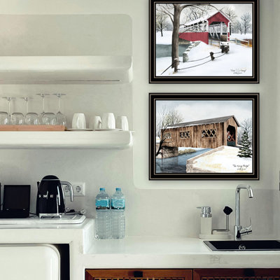 Elegant 2 Winter Covered Bridges Wall Art - Living Room & Bedroom, Multicolor Wood+paper, 17.88 In.x0.99 In.x14.17 In., 5.02 Lb Black Framed For Bedroom