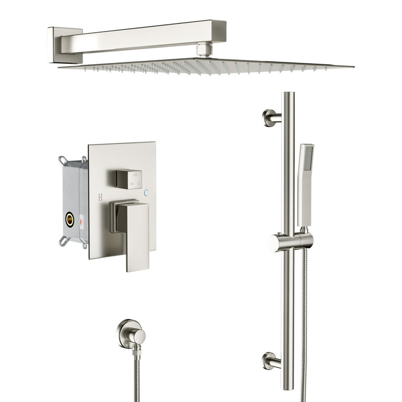 Pomme de douche murale double avec valve brute et barre coulissante, Nickel brossé