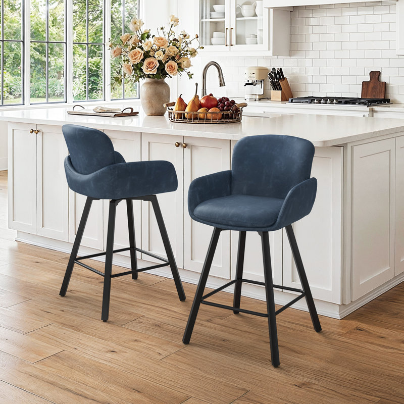 Upholstered Swivel Bar Stools with Metal Frame, Blue