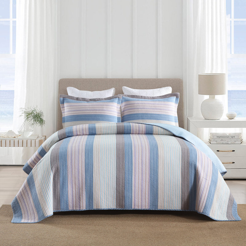 Ensemble de courtepointe 100% coton MarCielo, Bleu / brun / beige, Courtepointe très grand + 2 taies décoratives