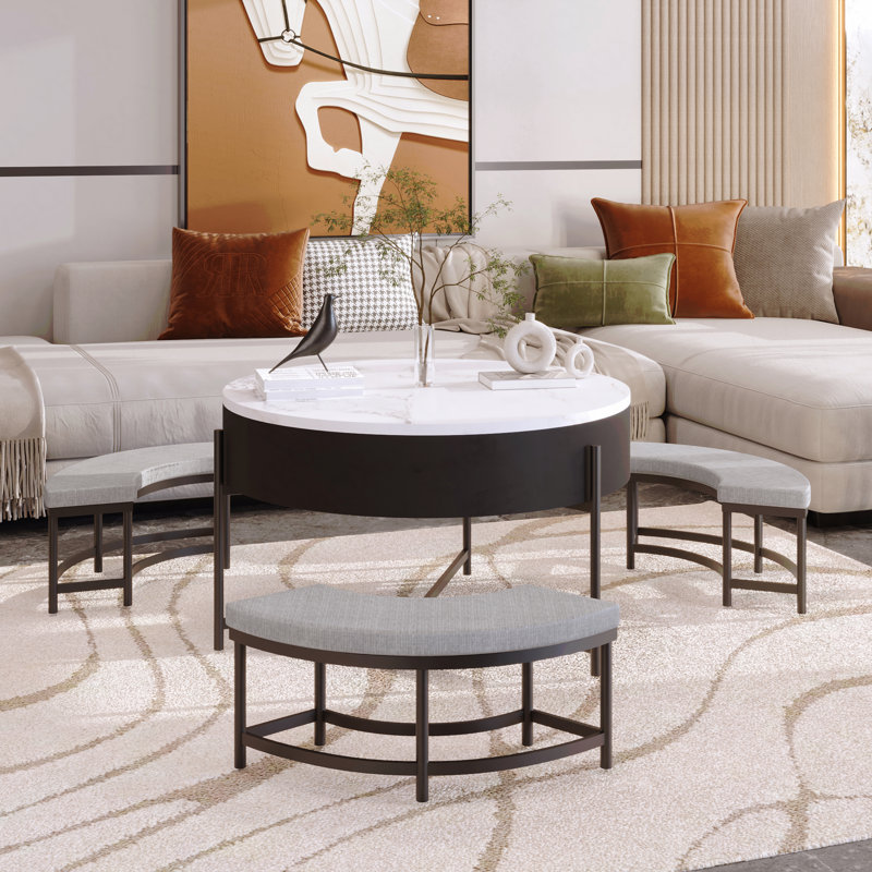 Table basse ronde moderne avec rangement et 3 repose-pieds blancs et noirs