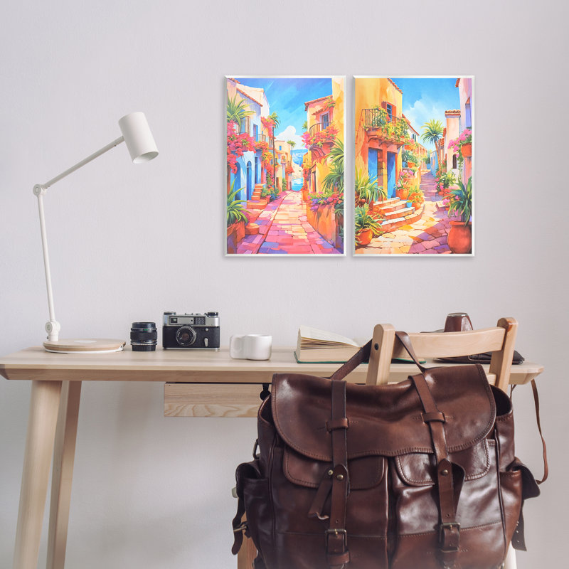 Ensemble de 2 plaques murales pittoresques «Village méditerranéen» par Andrea Haase, H 19 po x l 13 po