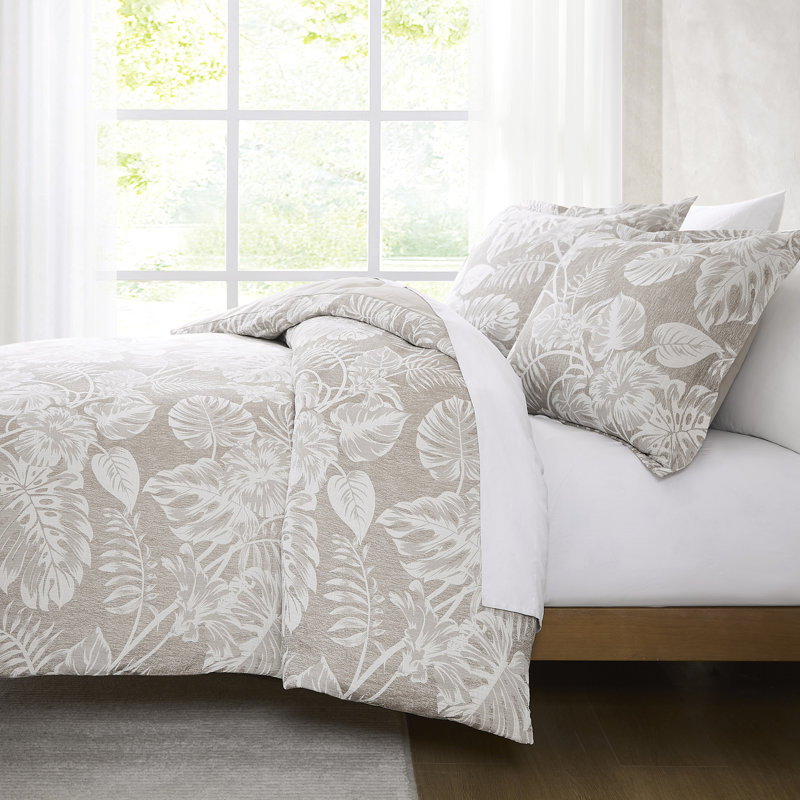 Bali Tropical Leaves Gauze Jacquard Duvet Cover Neutral 3Pc Set, King Duvet Cover + 2 Shams