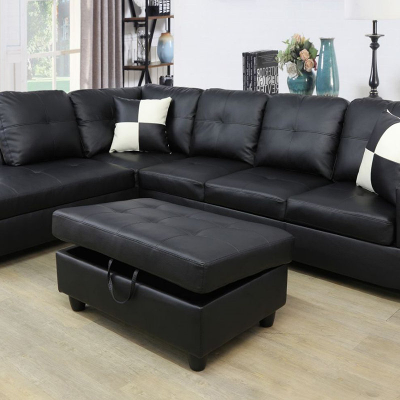 Faux Leather Storage Ottoman, Black Faux Leather