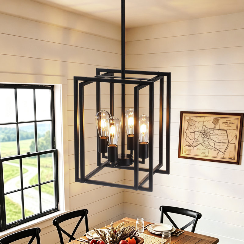 4 - Light Dimmable Farmhouse Geometric Lantern Rectangle Chandelier
