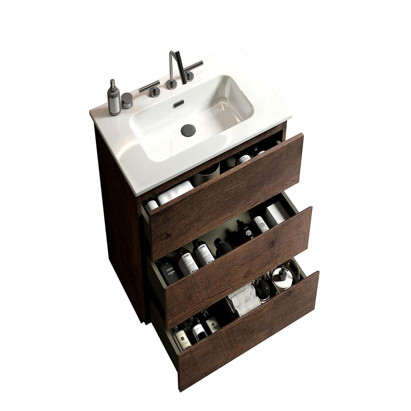 Meuble-lavabo de salle de bain avec 3 trous de robinet, meuble-lavabo autoportant moderne de grande capacité, lavabo intégré sans drain et robinet, pré-assemblé