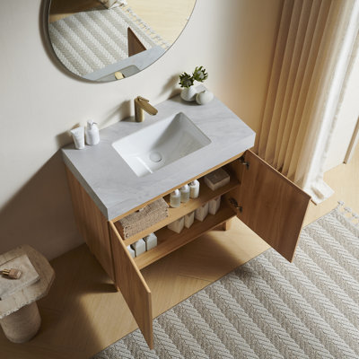 Meuble-lavabo Lula 36, ​​sur pied, comptoir en pierre frittée gris Carrara veinée et lavabo en céramique avec 1 trou pré-percé pour robinetterie, livré démonté, sans robinetterie ni bonde, couleur bois naturel