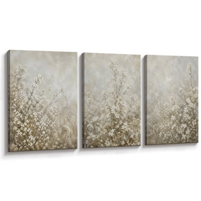 Paysage hivernal de fleurs sauvages aux tons neutres, tableau pour salon, impression giclée sur toile encadrée en 3 parties - 3 pièces de 40,6 x 61 cm et 3 pièces de 61 x 91,4 cm