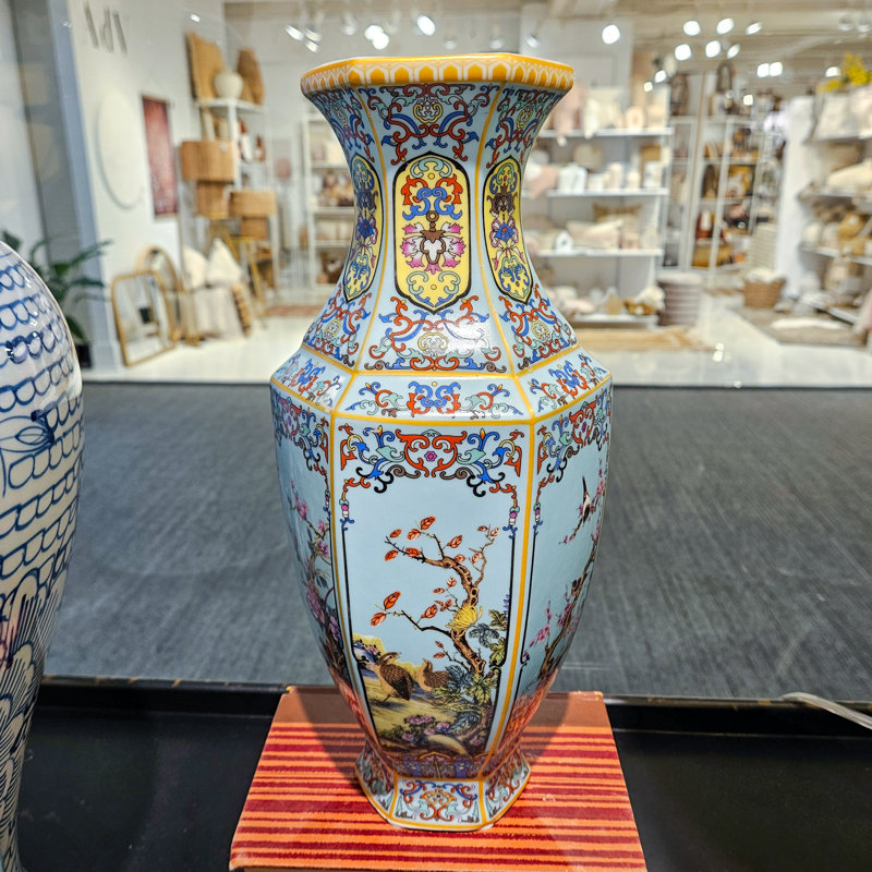 Hexagonal Blue Bird Garden Porcelain Vase