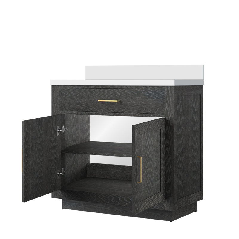 Meuble-lavabo simple en chêne noir l 36 po x P 22 po, avec comptoir en quartz blanc, Black/Gold