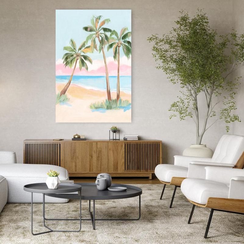 Plage sereine avec palmiers, art mural côtier, H 48 po x l 32 po