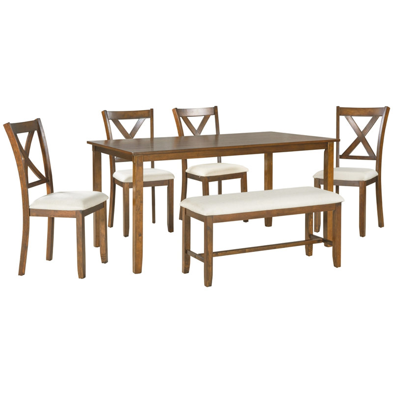 Ensemble de 6 tables de salle à manger en bois, table rectangulaire, 4 chaises en tissu et banc, Cerisier naturel