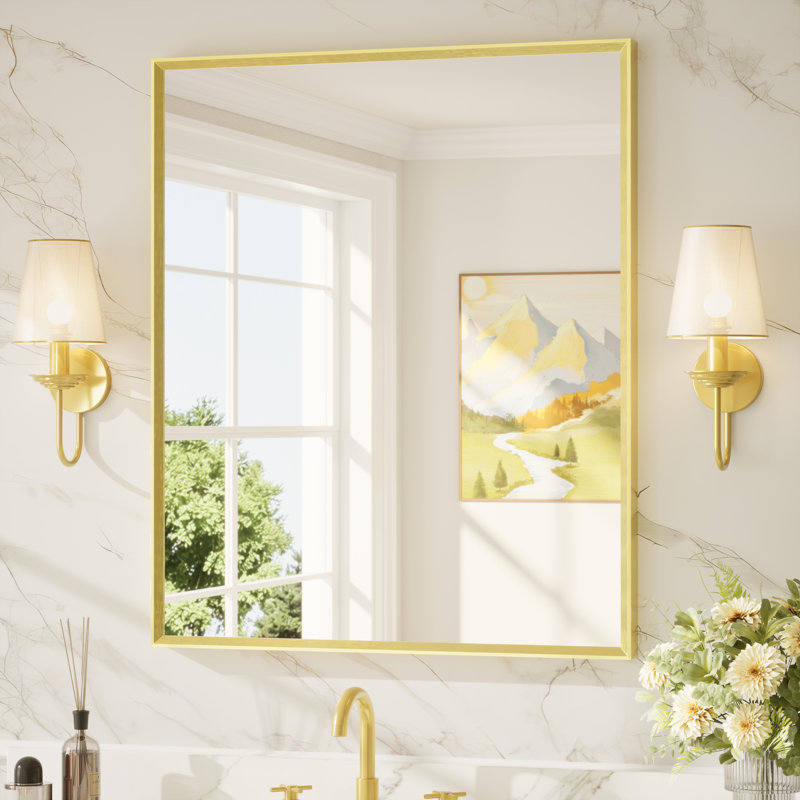 Miroir de salle de bain avec cadre en aluminium et verre trempé, 36 po x 30 po, Or brossé, Rectangulaire