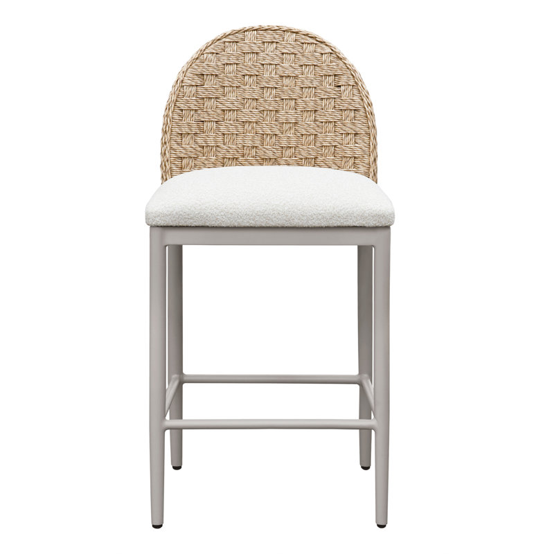 Tabouret de bar d'extérieur à hauteur de comptoir Tani avec dossier en rotin naturel et siège rembourré ivoire