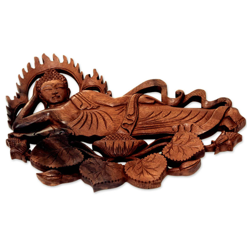 Décoration murale à panneau en relief en bois bouddha relaxe